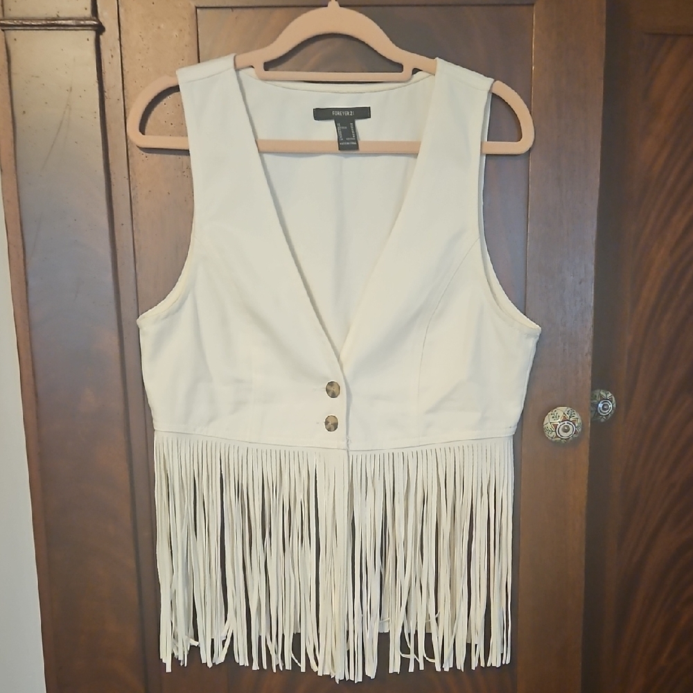 White Fringe Vest with 2 Buttons - Size Medium